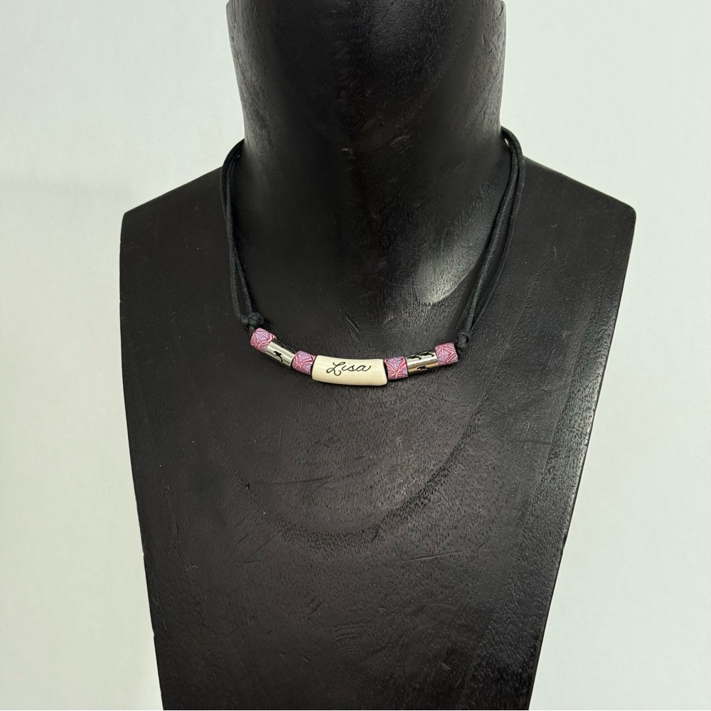 Vintage Fimo Bead 90's Ceramic Choker Necklace LISA Black Cord Gift for Mom/ Her